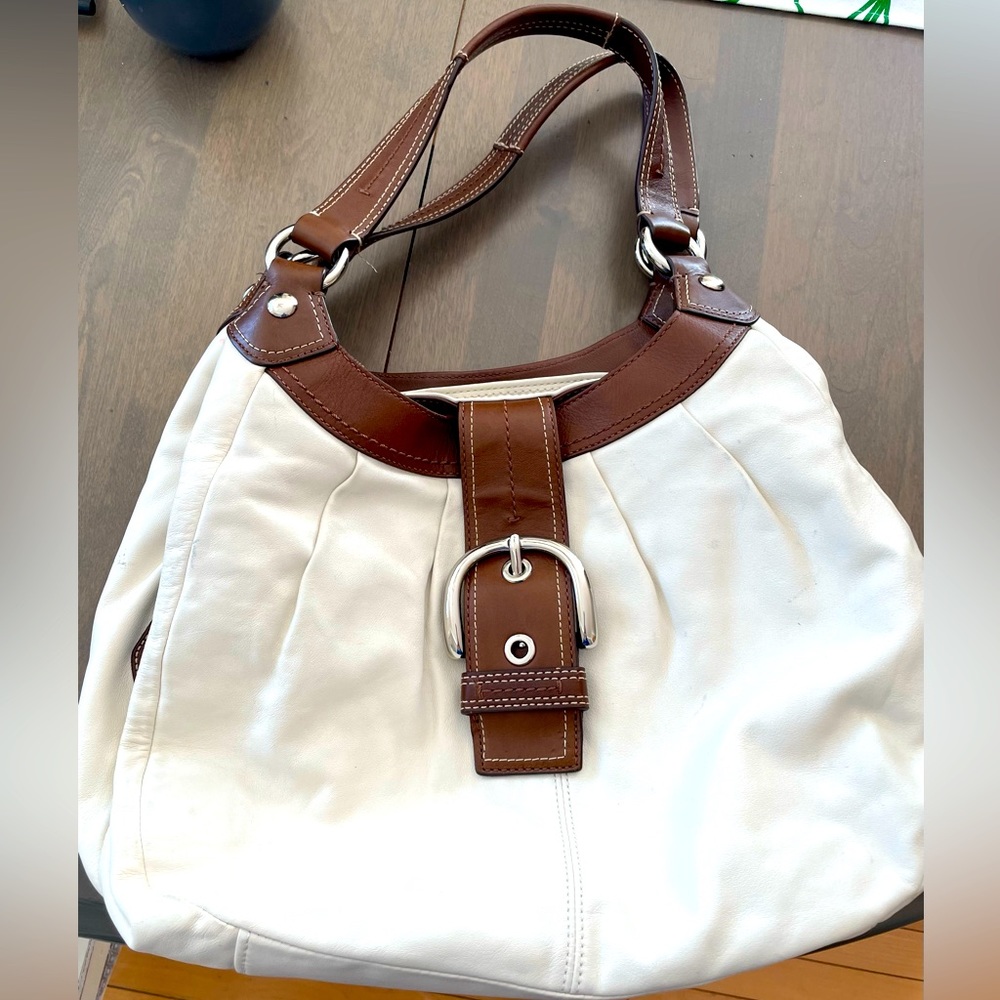 Coach satchel bag. White w dark brown leather trim and silver details